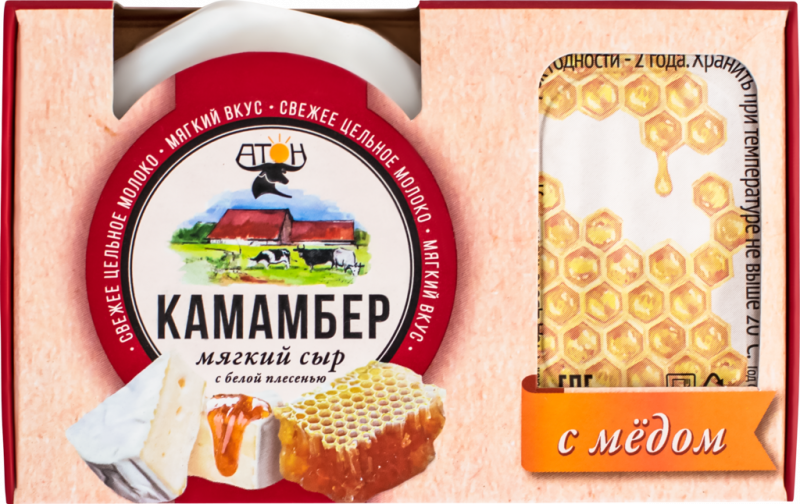 Сыр мягкий АТОН Камамбер с белой плесенью и медом 50–60%, без змж, 100г