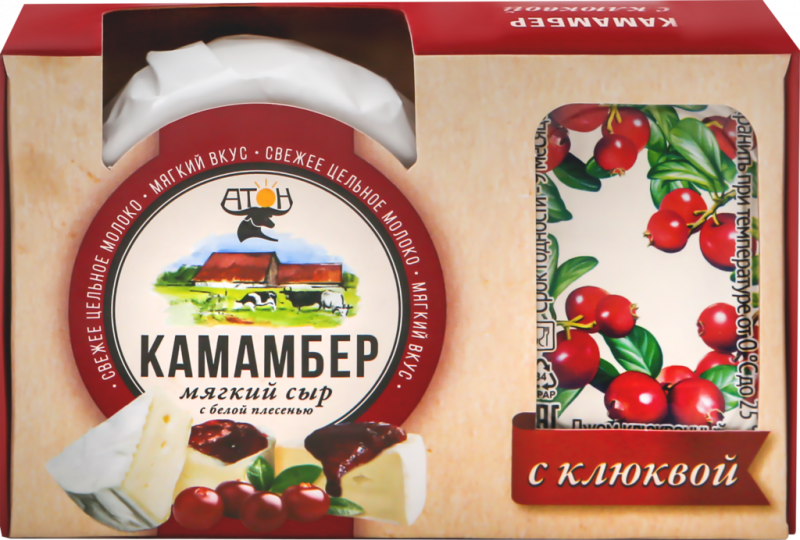 Сыр мягкий АТОН Камамбер с белой плесенью и фруктовым клюквенным джемом 50–60%, без змж, 100г Сыр мягкий АТОН Камамбер с белой плесенью и фруктовым клюквенным джемом 50–60%, без змж, 100г